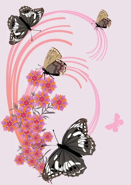 Flores abstractas y mariposas oscuras — Vector de stock