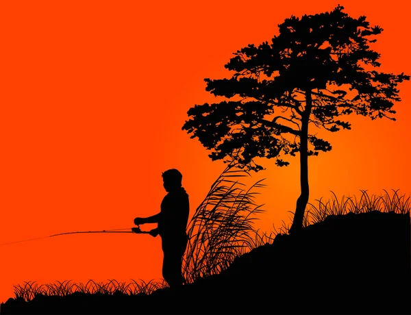Fisherman silhouette at orange sunset — Stock Vector