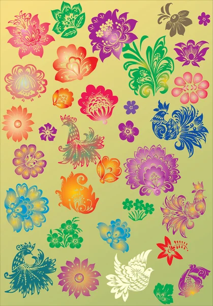 Couleur styliser oiseaux et fleurs collection — Image vectorielle