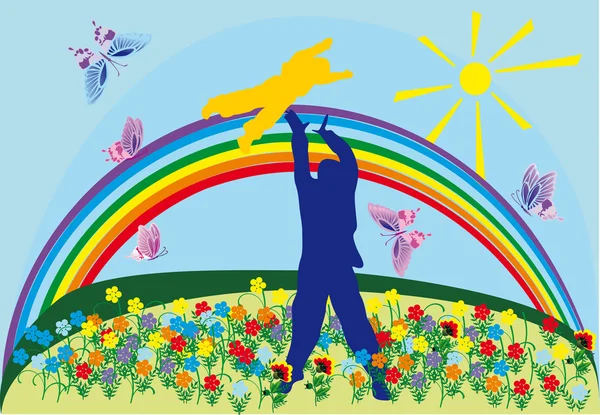 Enfant et parent sur le champ de fleurs — Image vectorielle