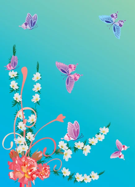 Roze vlinders boven witte bloemen — Stockvector