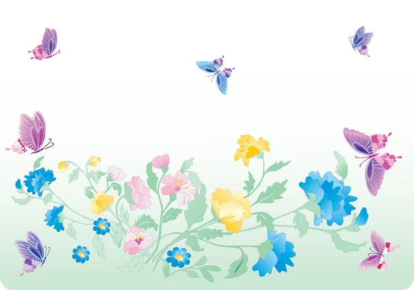 Mavi çiçekler üzerinde pembe kelebekler — Stok Vektör