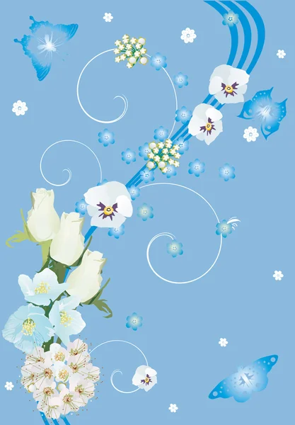 Flores brancas no fundo azul decorado —  Vetores de Stock