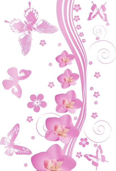 粉红色的蝴蝶和兰花图案 — 图库矢量图片