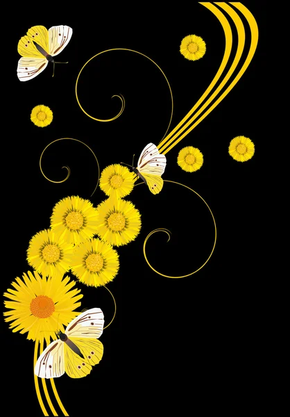 Yellow flowers and butterflies on black — Stock Vector