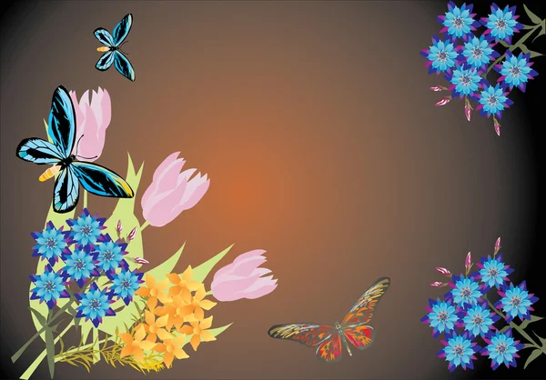Blume und blaue Schmetterlinge auf dunklem Hintergrund — Stockvektor