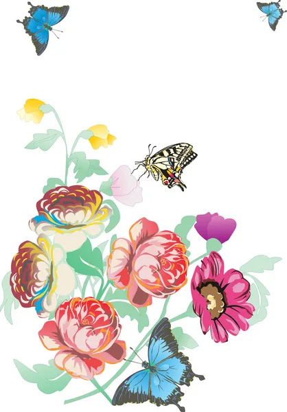青い蝶と白にピンクの花 — ストックベクタ