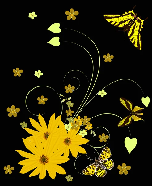 Gelbe Blumen und Schmetterlinge auf schwarz — Stockvektor