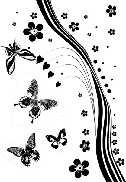 Quatro borboletas abstratas e flores pretas — Vetor de Stock