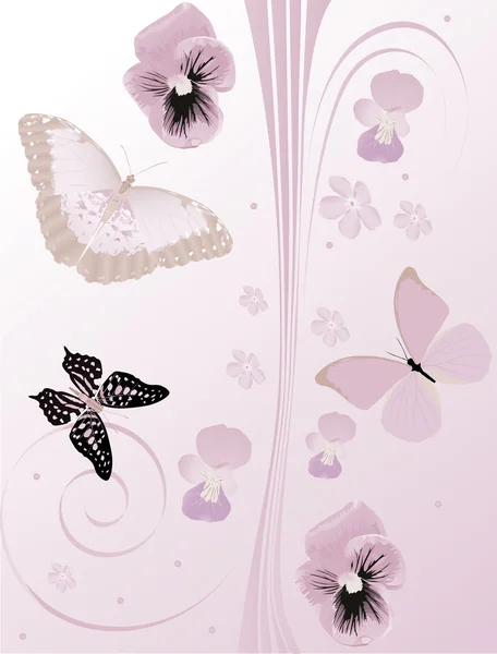 淡紫色的花朵、 蝴蝶和卷发 — 图库矢量图片