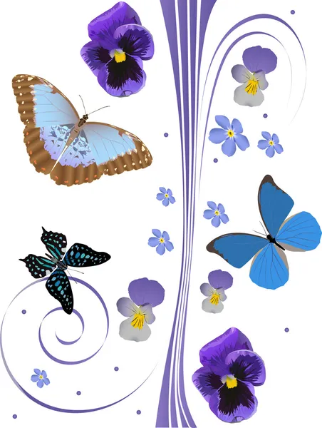 Blue flowers and tree butterflies pattern — Stock Vector