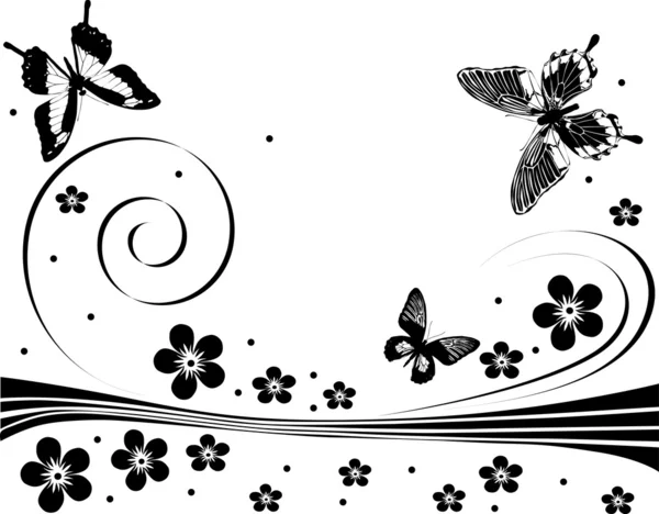 Siyah çiçek ve kelebek tasarım — Stok Vektör
