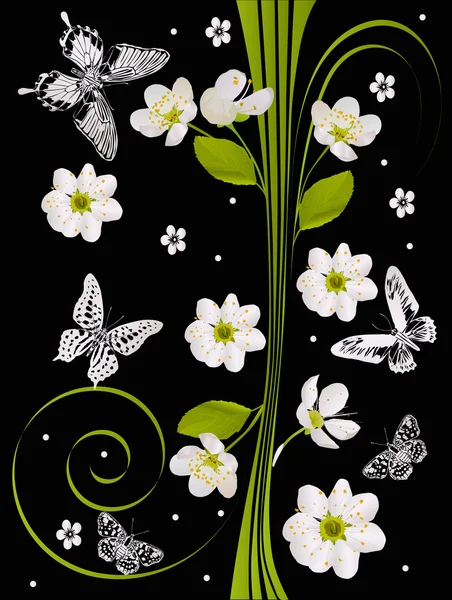 Flores de cerezo y mariposas diseño en negro — Vector de stock