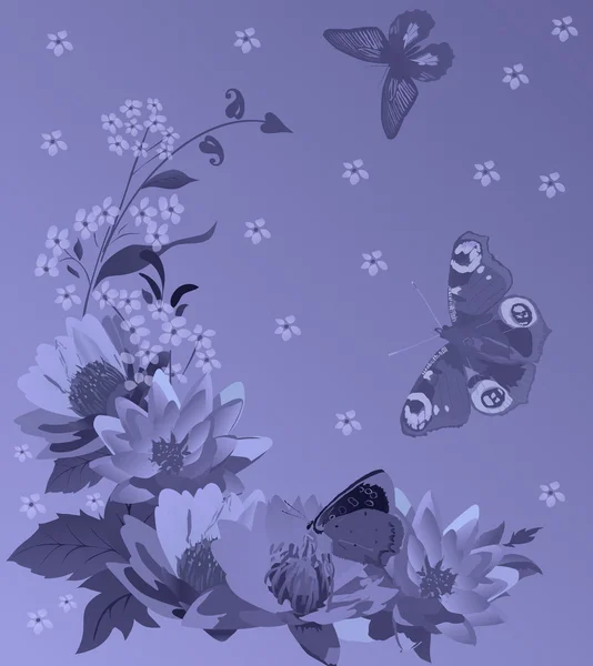Blauwe lily en vlinders decoratie — Stockvector