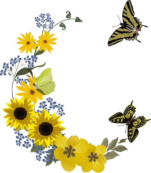 Cachos com girassóis amarelos e borboletas —  Vetores de Stock