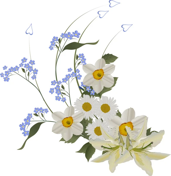 Weiße und blaue Blumen kräuseln sich — Stockvektor