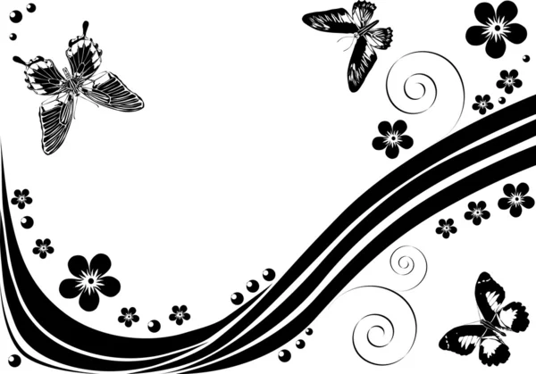 Fleur noire et décoration papillon — Image vectorielle