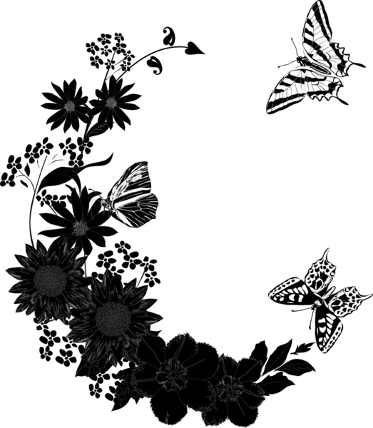 Three black butterflies and flowers — Stock Vector