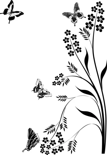 Borboletas pretas e cachos florais ilustração — Vetor de Stock