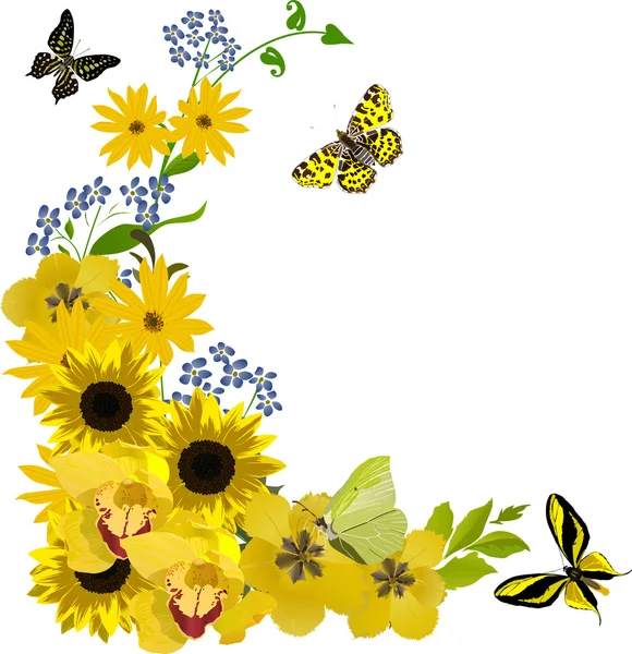 Padrão com girassóis amarelos e borboletas — Vetor de Stock