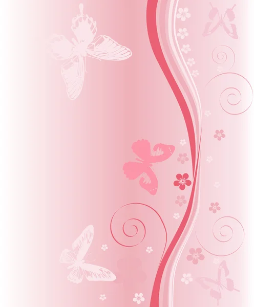 Siluetas rosadas de mariposas, flores y rizos — Vector de stock