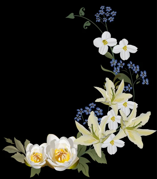 Modré a bílé květiny lokny na černém pozadí — Stockový vektor