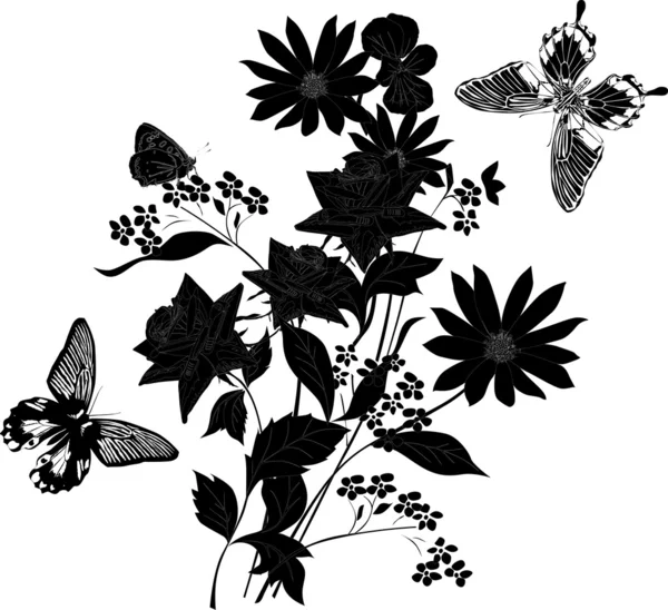 Μάτσο μαύρα λουλούδια με πεταλούδες — Διανυσματικό Αρχείο