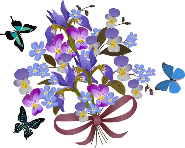 Fleurs et papillons bleus sur blanc — Image vectorielle