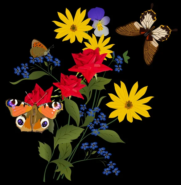 Kelebekler ve parlak kırmızı gül — Stok Vektör