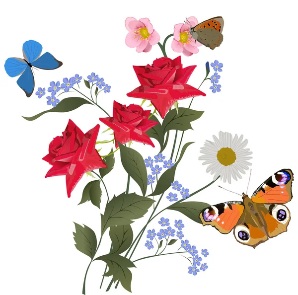 Motýli a tři červené růže kytice — Stockový vektor
