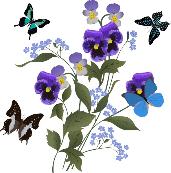 Τέσσερις μπλε πεταλούδες και ανθοδέσμη λουλουδιών — Διανυσματικό Αρχείο