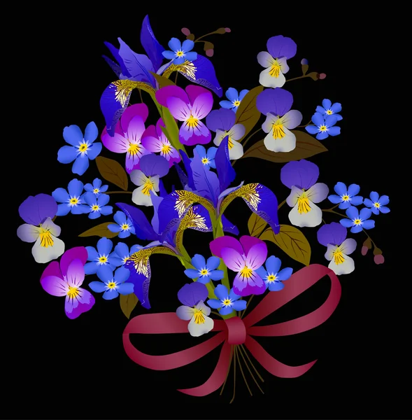 黑色背景上的蓝色鲜花花束 — 图库矢量图片