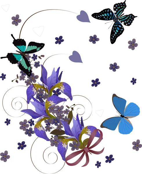 Iris curl and three butterflies — Stock Vector
