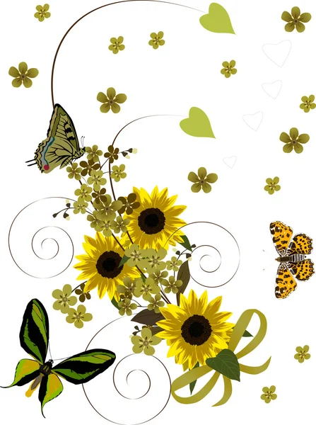 Girasoli gialli ricci con farfalle — Vettoriale Stock