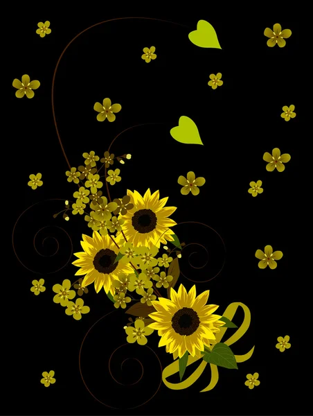 Bouquet de tournesols sur fond noir — Image vectorielle