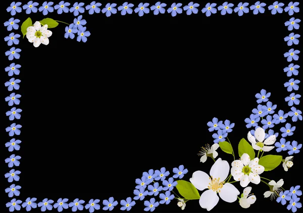 Vita och blå blomma ram på svart — Stock vektor