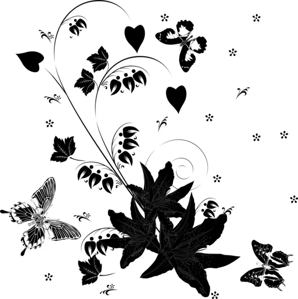 Lily och tre svarta fjärilar — Stock vektor