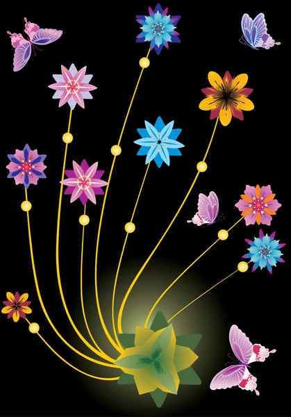 Abstraktní motýly a květiny na černém pozadí — Stockový vektor