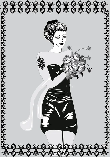 Vrouw en bloemen in frame — Stockvector