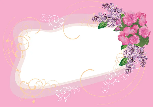 Blumenrahmen mit lila Blüten auf rosa — Stockvektor