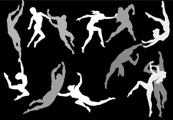 Jumping silhouettes on black — Stock Vector