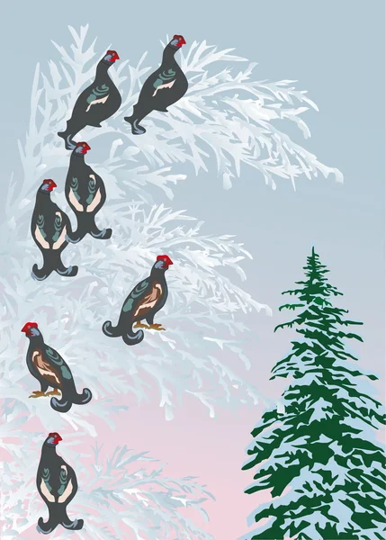 Siete aves en árbol de invierno — Stockvector