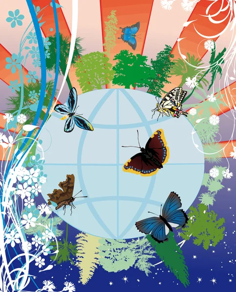 Terre dans les fleurs et les papillons — Image vectorielle
