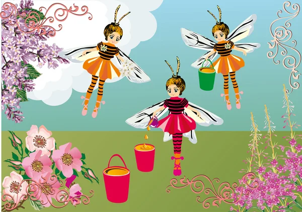 Bee meisjes en bloemen illustratie — Stockvector