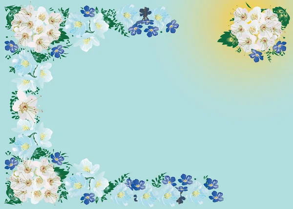 Kék és fehér virágok keret minta — Stock Vector