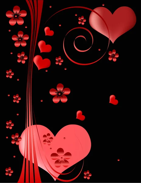 Kırmızı Kalpler ve çiçekler siyah arka plan üzerine — Stok Vektör