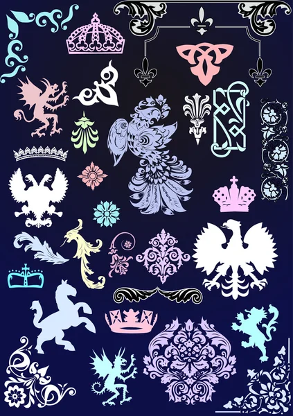 Геральдический набор животных и орнаментов — стоковый вектор