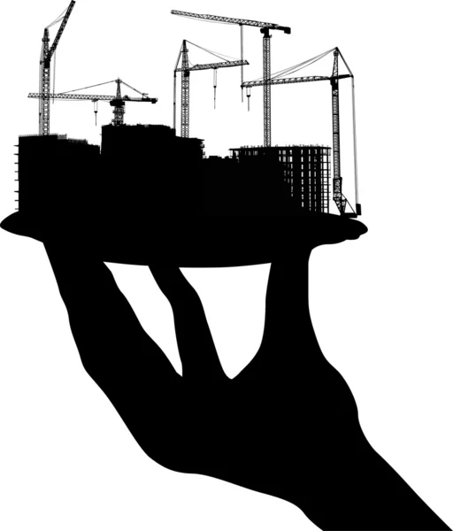 Stor byggnad på tallrik i mänsklig hand — Stock vektor