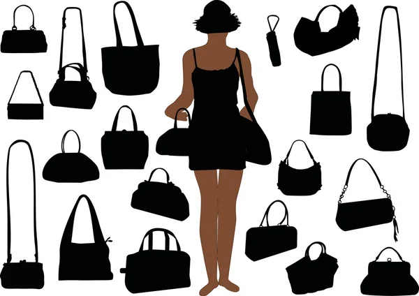 Woman and handbags on white — Stock Vector