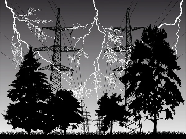 在晚上的闪电和高电压线 — 图库矢量图片